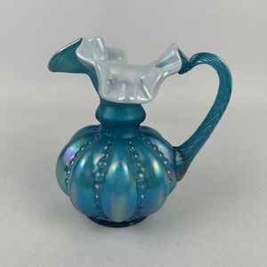 Fenton Beaded Melon Pitcher Handle‎ Vase Beaded Iridescent Blue Teal Turquoise